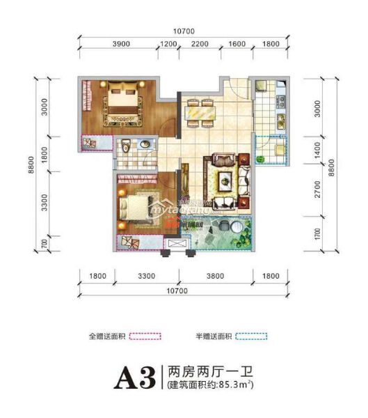 A3 2室2厅1卫 85.3㎡户型图
