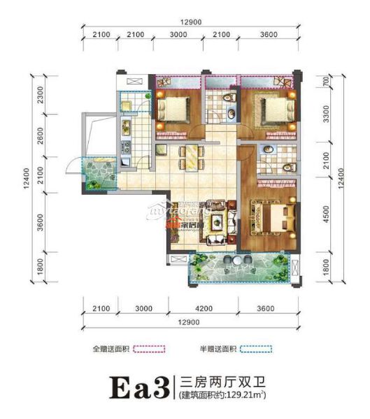 Ea3 3室2厅2卫 129.21㎡户型图