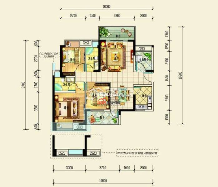A 3室2厅2卫 104㎡户型图