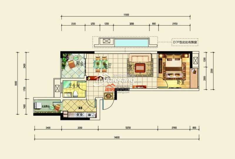 D 1室2厅1卫 59.85㎡户型图