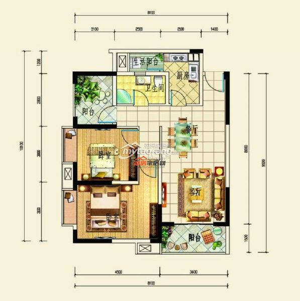 F 2室2厅1卫 89㎡户型图