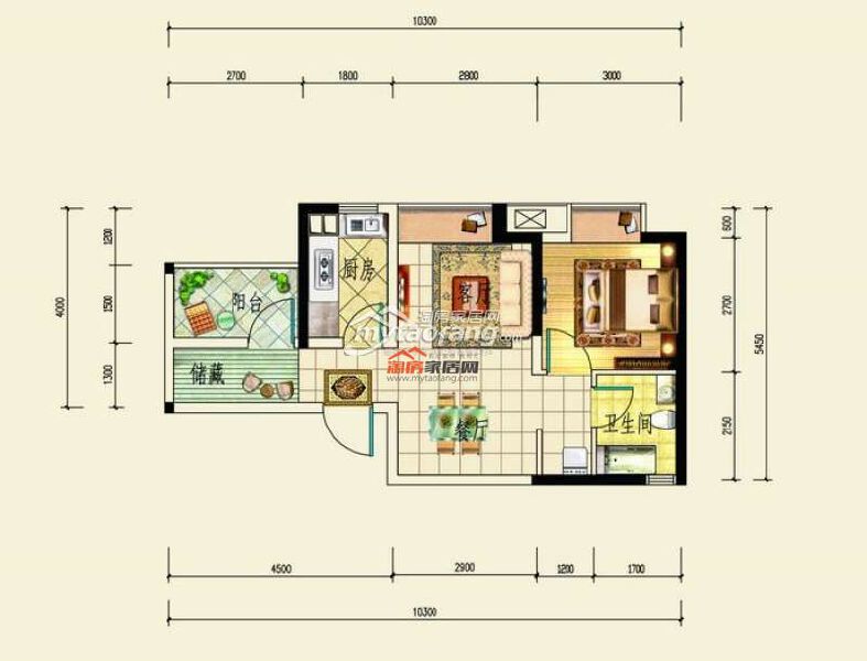 K 1室2厅1卫 51.97㎡户型图