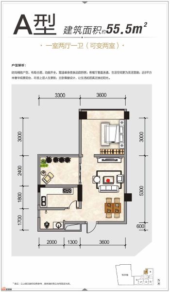 A一室两厅一卫 约55.5㎡户型图