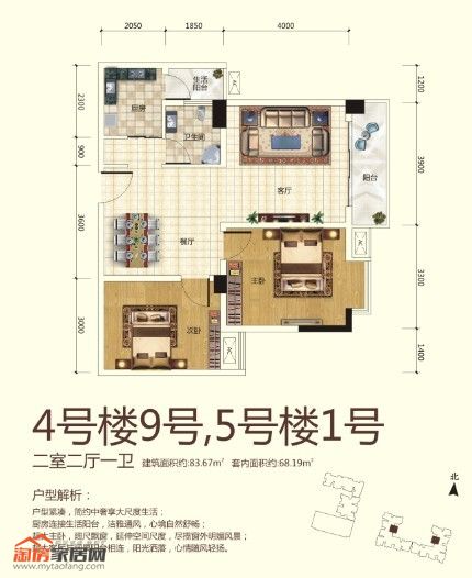4号楼9号 5号楼1号 两室两厅一卫户型图