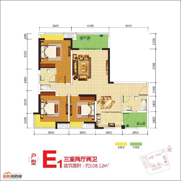 2期E1户型 三室两厅双卫 108.12平米户型图
