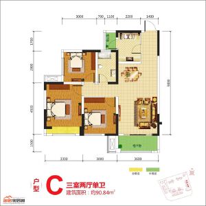 2期C戶型 三室兩廳單衛(wèi)90.84平米