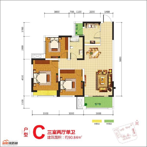 2期C戶型 三室兩廳單衛(wèi)90.84平米戶型圖