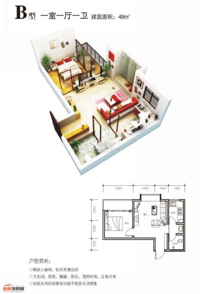 B户型 一室一厅一卫 49平米户型图