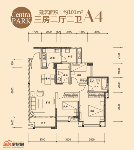 A4戶型三室兩廳兩衛(wèi) 101㎡