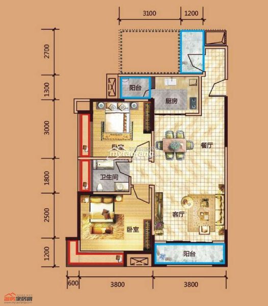 A6 2室2厅1卫 80.4㎡户型图