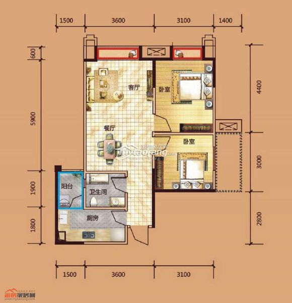B2 兩室兩廳一衛(wèi)一廚戶型圖