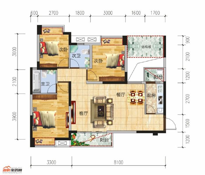 C1三室两厅两卫103.7㎡户型图