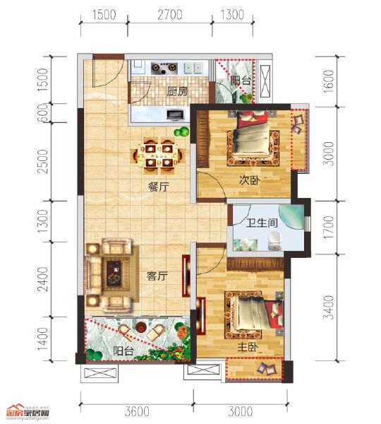 A1户型两室两厅一卫75.6㎡户型图