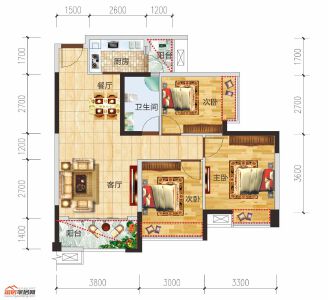 B2户数三室两厅一卫89.34㎡