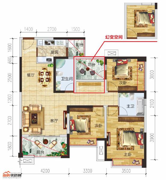 D1户型三室两厅两卫114.3㎡户型图