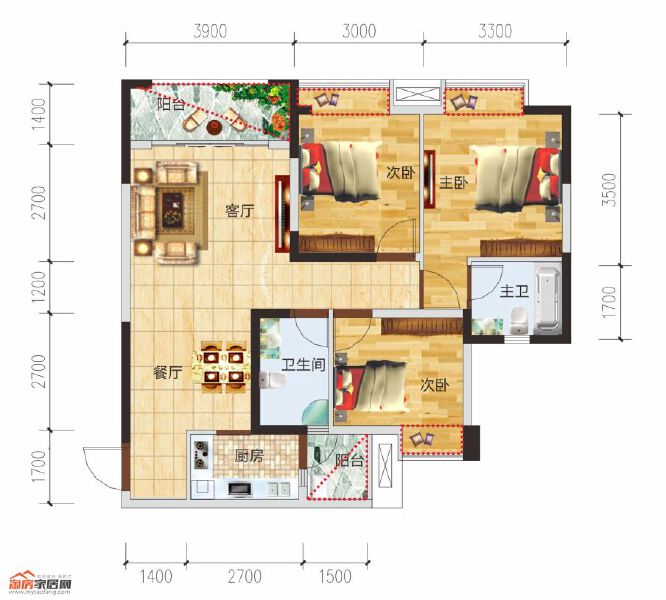 C2户型三室两厅两卫99.2㎡户型图