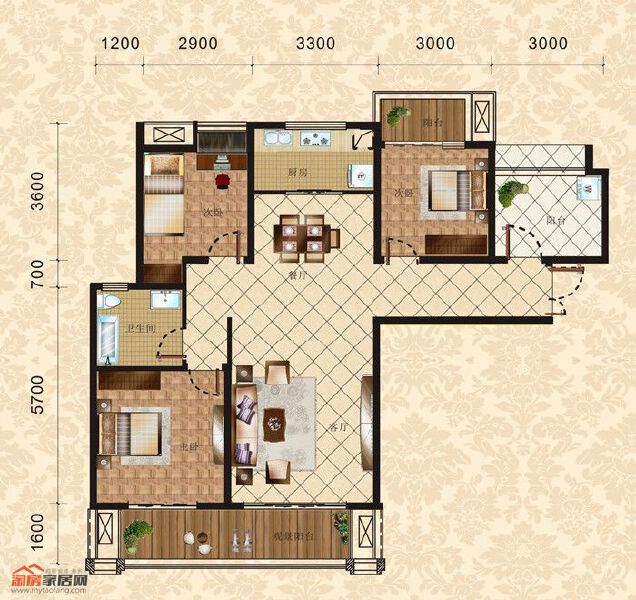 4栋1单元31-33层2号 三室两厅两卫 118.66㎡户型图