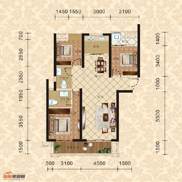 4棟2單元31-33層2號(hào) 三室兩廳兩衛(wèi) 128.97㎡戶型圖