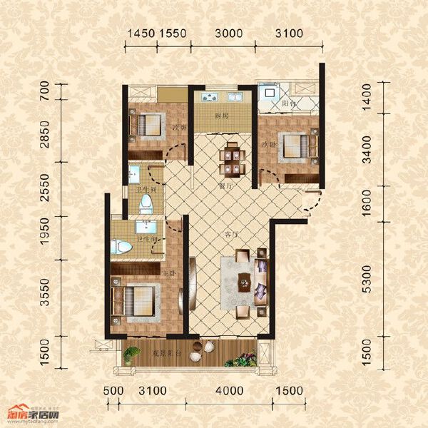 4棟2單元3-30層2號(hào) 三室兩廳兩衛(wèi) 128.97㎡戶型圖