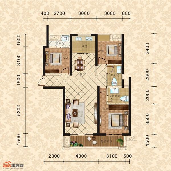4棟2單元3-30層3號(hào) 三室兩廳兩衛(wèi) 128.81㎡戶型圖