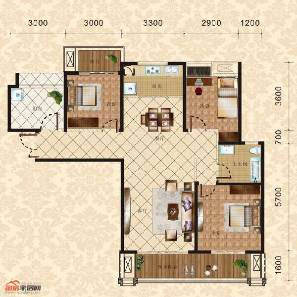 4栋3单元31-33层3号 三室两厅两卫 118.53㎡户型图