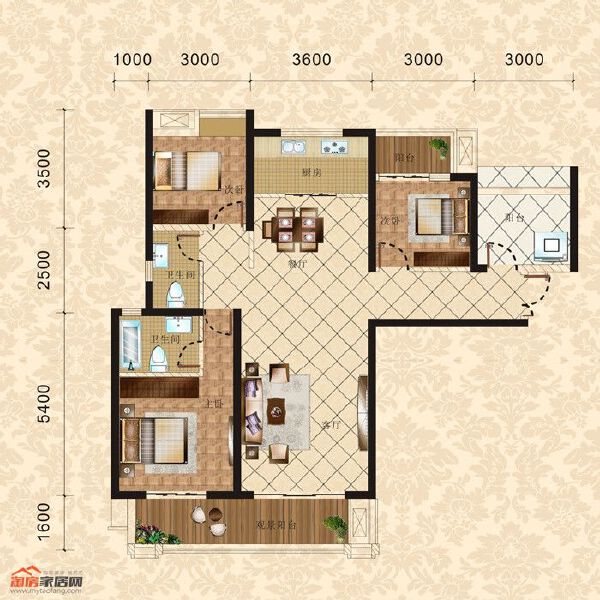 4棟3單元4-30層2號 三室兩廳兩衛(wèi) 129.99㎡戶型圖