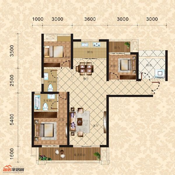 4栋3单元31-33层2号 三室两厅两卫 129.99㎡户型图