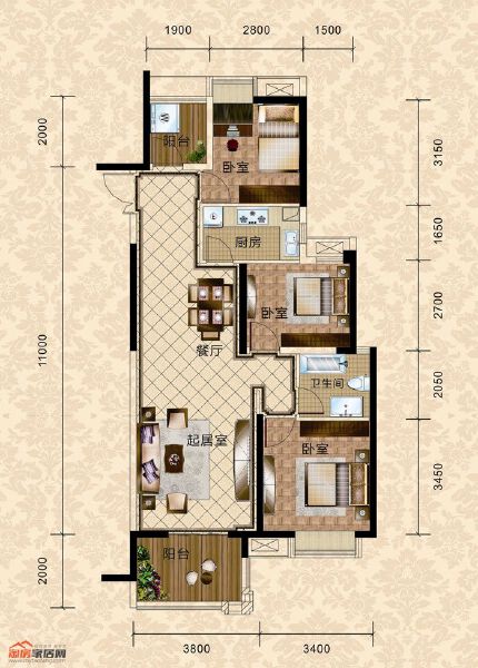 6栋1单元5-31层3号 三室两厅一卫 108.5㎡户型图