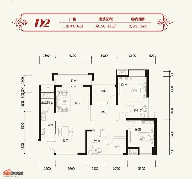 二期D2 三室两厅双卫 约120.44㎡户型图