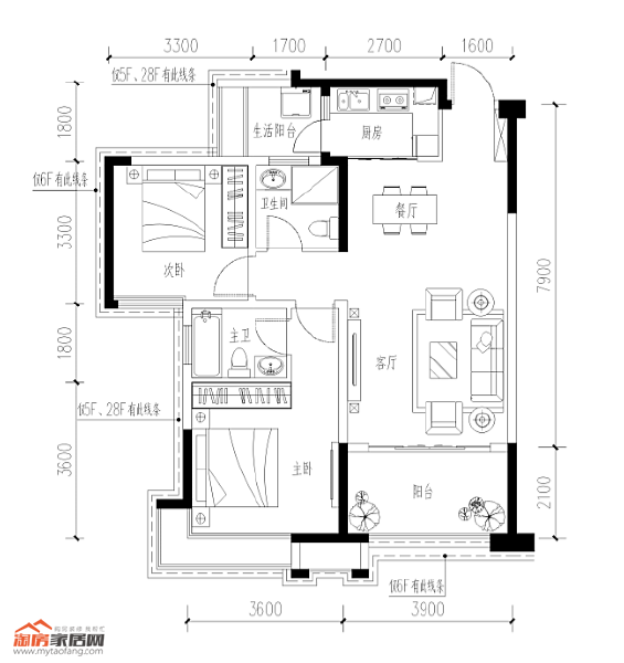 C4 两室两厅两卫 92㎡户型图