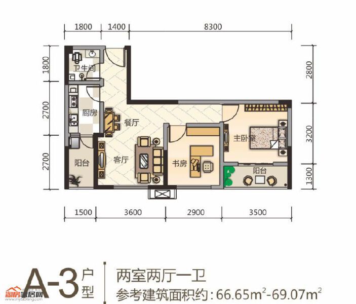 A3户型66.65-69.07㎡户型图