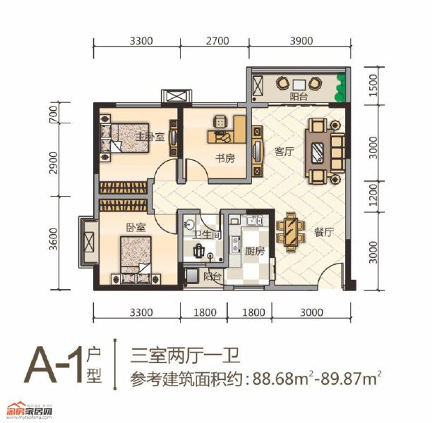 A1户型88.68㎡-89.87㎡户型图