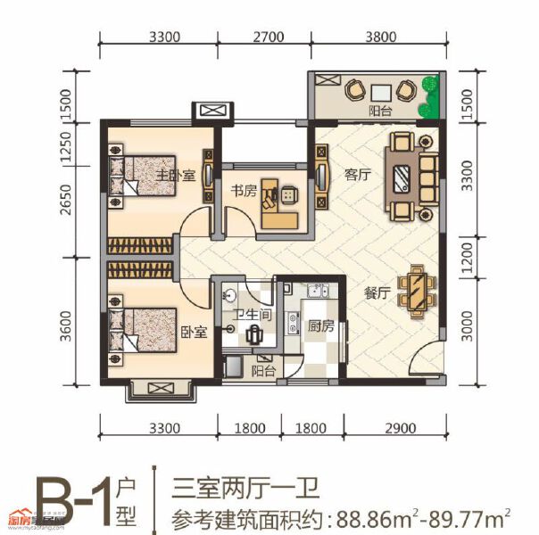 B1户型88.86㎡-89.77㎡户型图