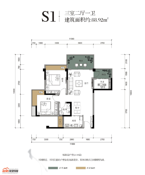 S1戶型88.92㎡戶型圖