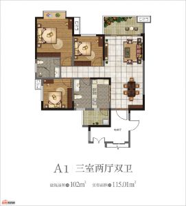 A1户型102㎡3室2厅2卫