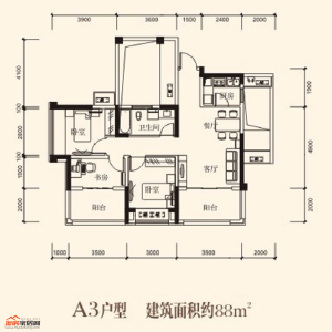 A3户型88㎡3房2厅1卫