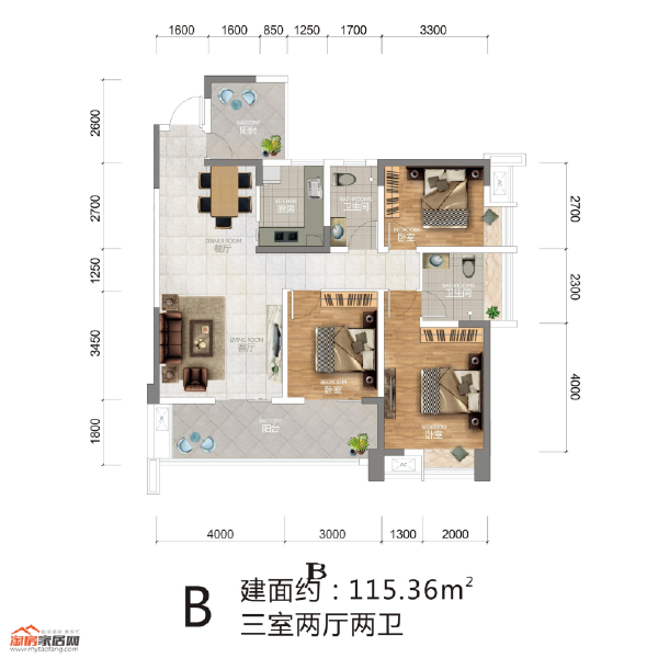 中央23街区B户型115.36㎡户型图