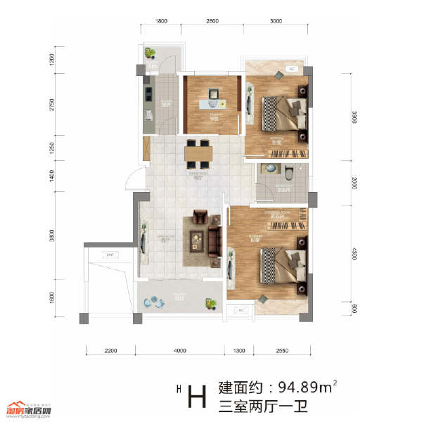 中央23街区H户型94.89㎡户型图