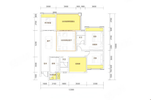 A1户型，3室2厅2卫1厨，建筑面积约126.19平米户型图