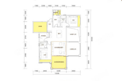 A3户型，3室2厅2卫1厨，建筑面积约116.06平米