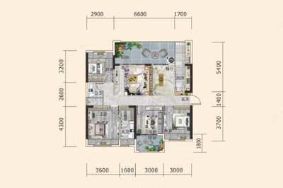 二期20栋130平户型，4室2厅2卫1厨，建筑面积约130.00平米