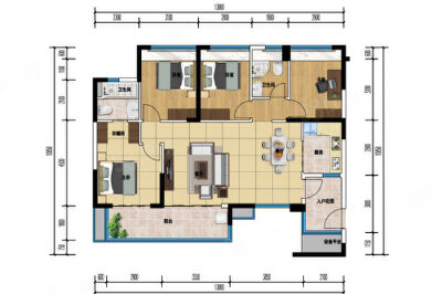 A1户型，4室2厅2卫1厨，建筑面积约129.74平米 在售