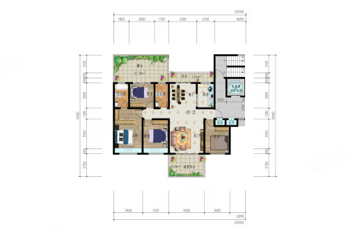 B2三层六层九至二四层户型，4室2厅2卫1厨，建筑面积约147.27平米户型图