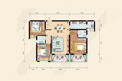 B46至B51栋A6户型，3室2厅2卫1厨，建筑面积约110.23平米