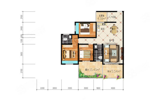 A3七层十至二五层户型，3室2厅2卫1厨，建筑面积约119.03平米户型图