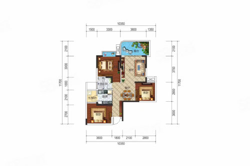 B户型，3室2厅1卫1厨，建筑面积约79.00平米户型图