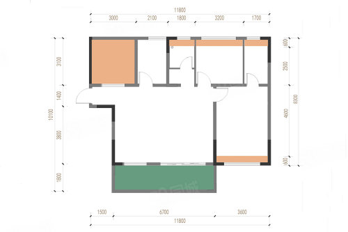 B户型，2室2厅2卫1厨，建筑面积约103.00平米户型图