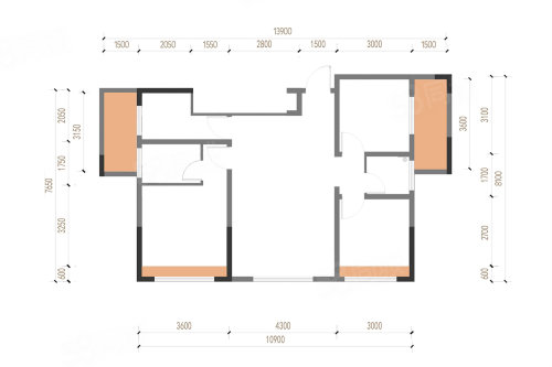 C户型，3室2厅2卫1厨，建筑面积约95.00平米户型图