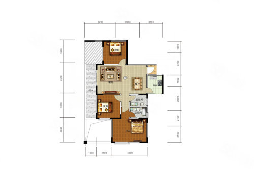 二期A3户型，3室2厅2卫1厨，建筑面积约124.17平米户型图