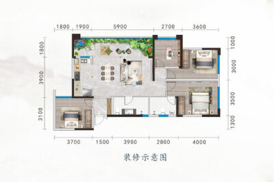 A户型，4室2厅2卫1厨，建筑面积约89.00平米